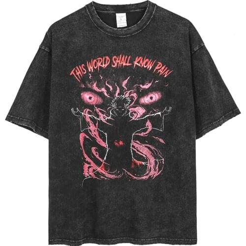 Oversized 250g anime print T-shirt mens retro washed 100% cotton top T-shirt Harajuku street hip-hop men and women tops