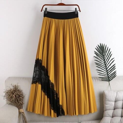 F71 New Early Autumn Women Elastic Waist Pleated Skirt Patchwork Lace Korea Style Mid-Length Skirt