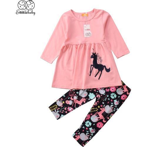 New Cute Girl Kids Cartoon Unicorn Print Ruffles Dress Tops Long Floral Pants Leggings 2Pcs Lovely Kid Girls Outfits Clothes Set