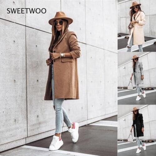 2021 Autumn and Winter Simple Solid Color Long-Sleeved Button Woolen Coat Coat Womens Clothing