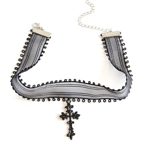 Gothic Cross Necklace Punk Dark Style Black Gauze Sexy Necklace For Women Girl Torques Halloween Jewelry Birthday Party Gift New