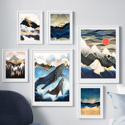 Self-adhesive Wall Stickers Abstract Sunrise Mountain Poster Print Landscape Whale Wall Art Pictures for Living Room Decoration