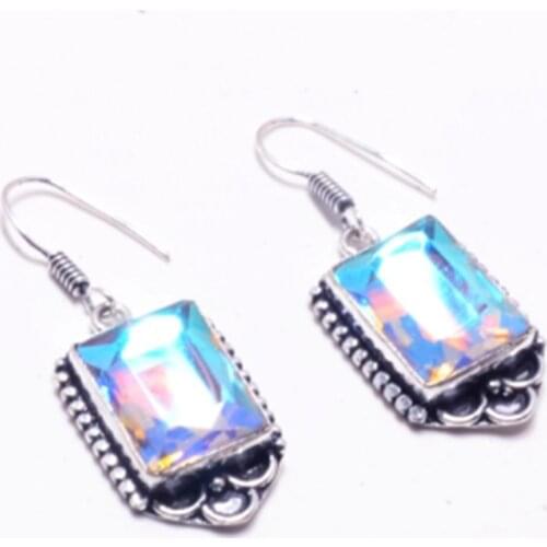 Rainbow Fire Topaz Earrings Silver Overlay over Copper ,Hand made Women Jewelry Gift, E5582