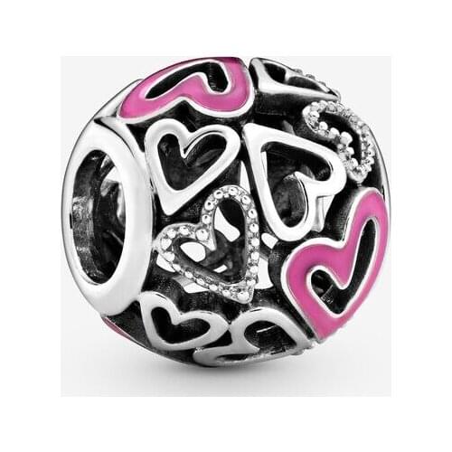 2020 Spring 100% 925 Sterling Silver Beads Pink Openwork Freehand Heart Charm fit Original Pan Bracelets Women DIY Jewelry