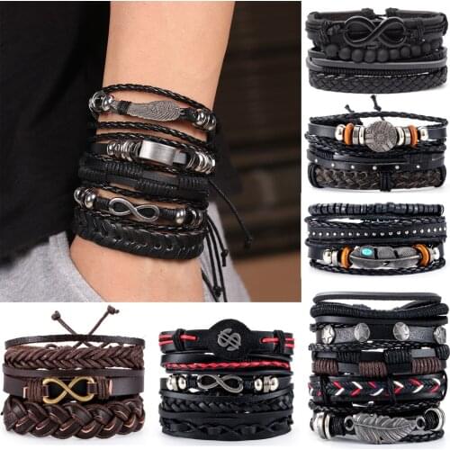 Vintage Infinity Feather Multilayer Leather Bracelet Men Fashion Braided Handmade Star Rope Wrap Bracelets & Bangles Male Gift