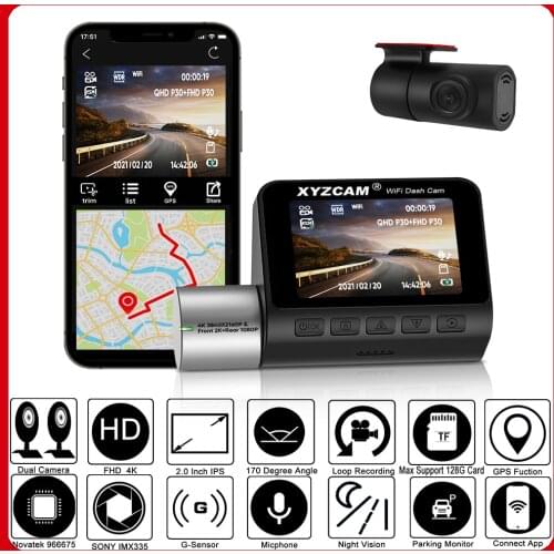 XYZCAM 2K 4K Dual Dash Cam 2.0 Inch LCD WiFi Car DVR Front Camera and Rear View Cam 170 Degree Wide Angle Car DVR 24H Parking
