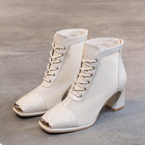 Patent Leather Summer Woman Shoes Sandals High Heels Zapatos De Mujer Ankle Mesh Women Shoes Sexy Black White Women Boots