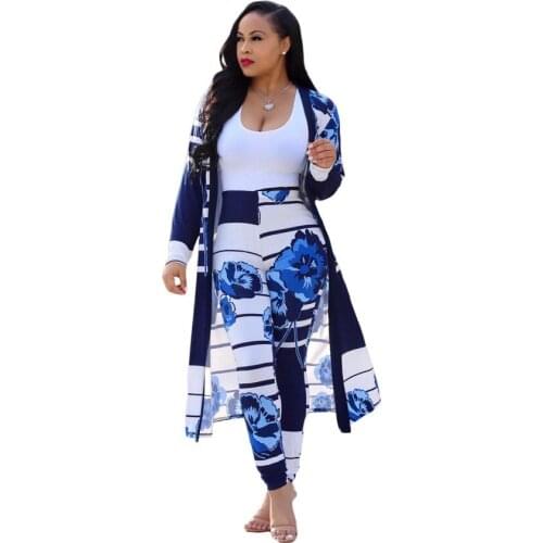 3XL 4XL Plus size 2 Piece Set Women Cardigan Long Trench Tops+Bodycon Pant Suit Casual Clothes Boho Sexy Two Piece Outfits 2021