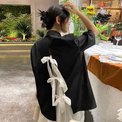 Korean Black Back Split Bow Lacing Blazers Women Casual Summer 2021 Loose Notched Collar Short Sleeve Suit Jacket Female Fashion