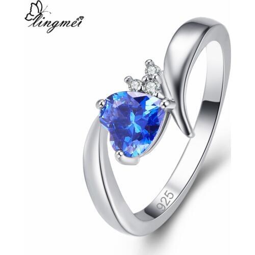 Lingmei Wholesale Trendy Lovely Heart Women Fashion Zircon Silver Color Jewelry Gifts Wedding Rings Size 6 7 8 9 10 Christmas