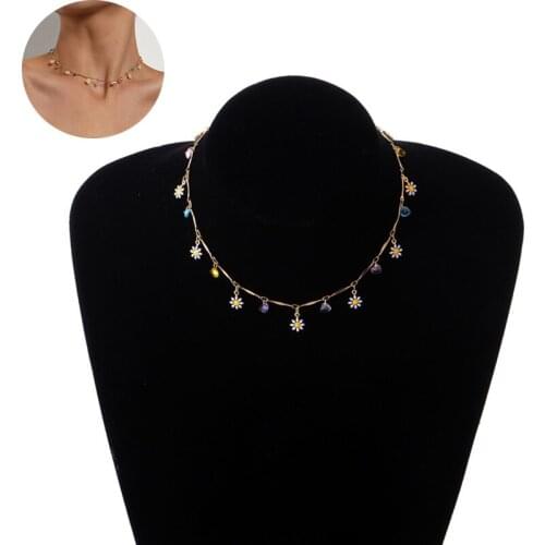 Colorful Beaded Charm Statement Short Choker Vacation Jewelry Necklace for Women Lovely Daisy Flowers