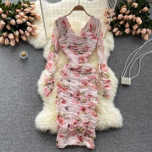 Elegant Ladies Rose Print Mesh Sheath Dresses Womens Chic Design Folds Slim Bodycon Long-sleeved Autumn Dress Robes Femme