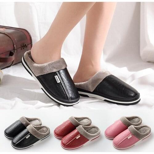 Winter Slippers For Women Men Fashion Leather Couple Shoes Warm Short Plush Soft Slippers Non-slip Indoor Bedroom House Slipper