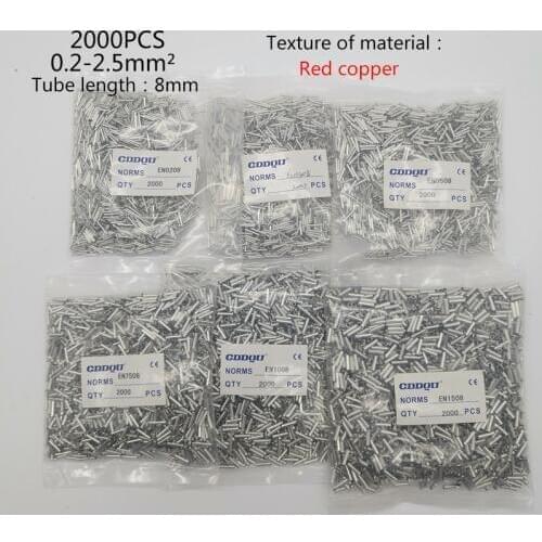 2000pcs Tube Bare End 0.2-2.5 Square EN0208,0308,0508,7508,1008,1508,2508 Cold-pressed Plunger Copper European Tubular Terminal