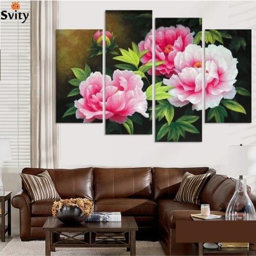 No frame 4 pcs pink flowers canvas painting home decoration for living room as gift H108 wall art pictures best sell wholesale