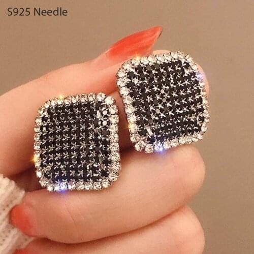 925 Sterling Silver Needle Stud Earrings for Women Jewelry Square Black Micro Paved CZ Rhinestone Statement Female Earrings