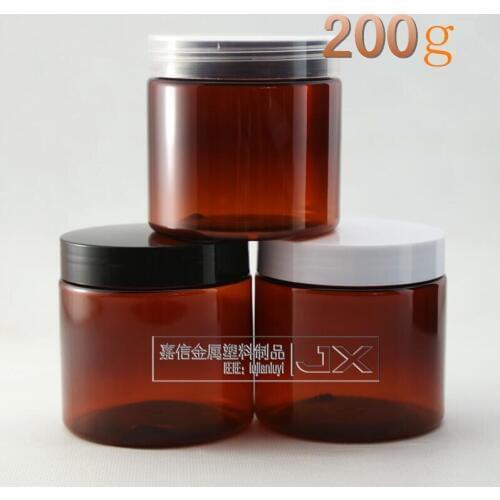 Free Shipping 200g/ml Brown Plastic PET Empty bottle jar White Black Clear Screw Lid Bath Salt Pomade Empty Cosmetic Containers