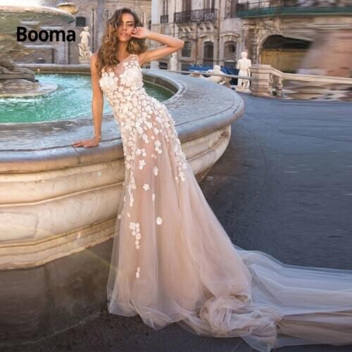 Booma Lace Wedding Dresses Mermaid 2020 Handmake Flower Illusion Tulle Wedding Gowns Beach Boho Bride Dress Mariage Plus Size