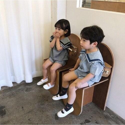 Childrens Summer Suit 2021 New Academy Style Navy Collar Solid Short Sleeve Shorts Suit Boys and Girls Casual Two Piece Set