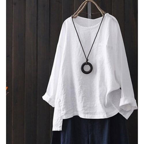 Plus Size Cotton Linen Tshirt Women Casual Loose Full Sleeve Solid T-shirt Tops Haut Camiseta Mujer Top Women Harajuku T Shirt