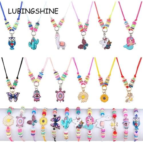 24pcs/lot Women Soft Clay Bead Unicorn Daisy Bee Turtle 12Bracelets+ 12Necklace Set Braided Adjustable Rope Chain Jewelry Wholes