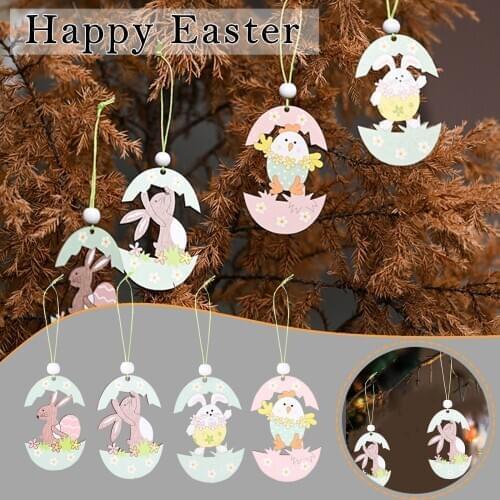 Merry Easter Wooden Eggs Pendants Rabbit Chick Wood Chips Crafts Hang Ornaments For Happy Easter Party Decoraion Supplies Gifts