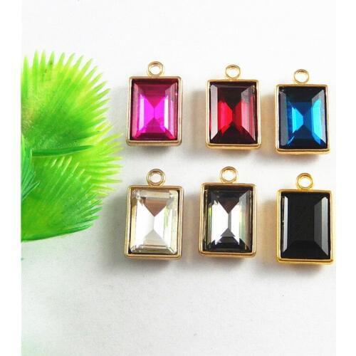 Julie Wang 10PCS Mini Rectangular Charms Alloy Plated +Glass Pendant Jewelry Accessory Handmade Hanging Crafts 20*13*5mm 6 color