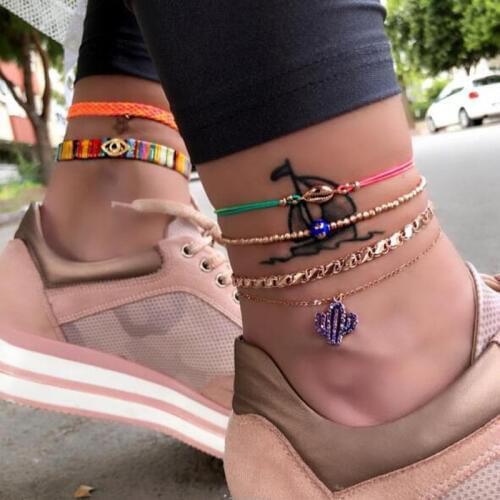 Docona Handmade Shell Cactus Beads Multilayer Anklet Set for Women Geometric Charming Chains Anklet Party Jewelry 4pcs/set 8613