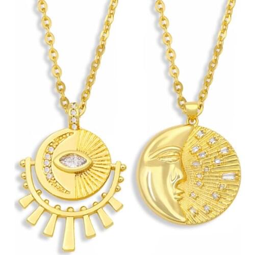 FLOLA Gold Chain Turkish Eye Necklace For Women Round Sun And Moon Pendant Necklace Cubic Zirconia Turkish Jewelry Gifts nket10