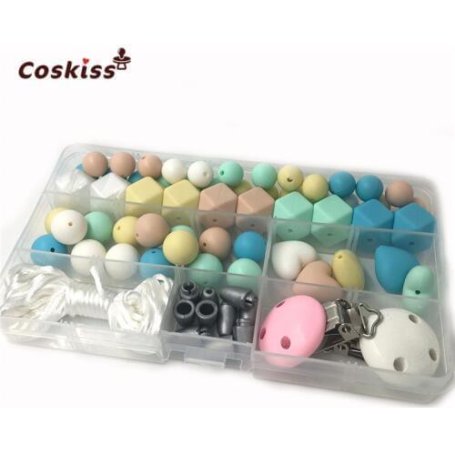 DIY Silicone Teething Necklace Kit, Baby Blue, Lavender, Beige & Mint Deluxe Pacifier Clip Kit, Food Grade Silicone Beads