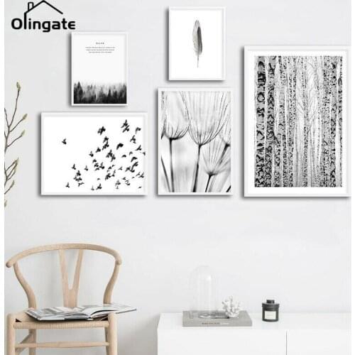 Nordic Minimalist Black White Bird Art Canvas Painting Dandelion Feather One Piece Wall Poster Picture for Living Room Home Deco
