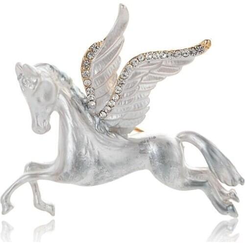 OI White Miracle Lucky Horse Wings Brooches For Women Kids Enamel Alloy Animal Rhinestone Crystal Banquet Party Brooch Pin