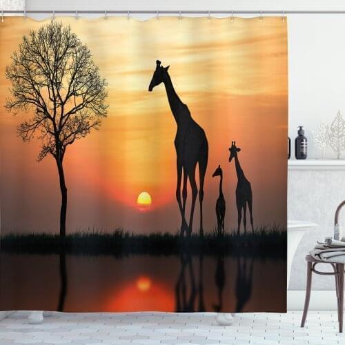 Sunset Africa Shower Curtain Set Giraffe Family and Dawn Sky Curtain for Bathroom Decor 12 Hooks Decorative Bath Accessory