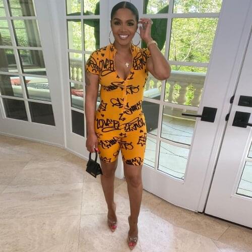 Yellow Letter Print Rompers Womens Bodysuit Sexy Deep V Neck Short Sleeve One Piece Overall High Street Party Clubwear Outfits