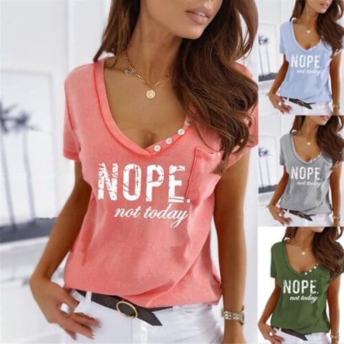2021 Summer Fashion New Womens Clothing Pocket Letter Printing V Neck Button Short Sleeved Plus Size Bottoming Shirt T-Shirt