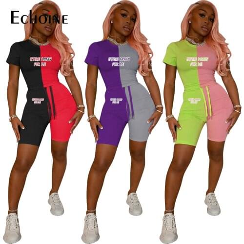 Echoine Summer Women print Patchwork Short Sleeve O-neck T-shirts Skinny Elastic Drawstring Short Pants two Piece Set Outfits