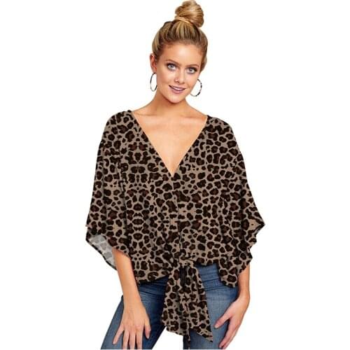 Summer New Fashion Printing Womens Shirt Vintage V-Neck Short Sleeve Knotted Print Top All-Match Lady Tops Commute Wear