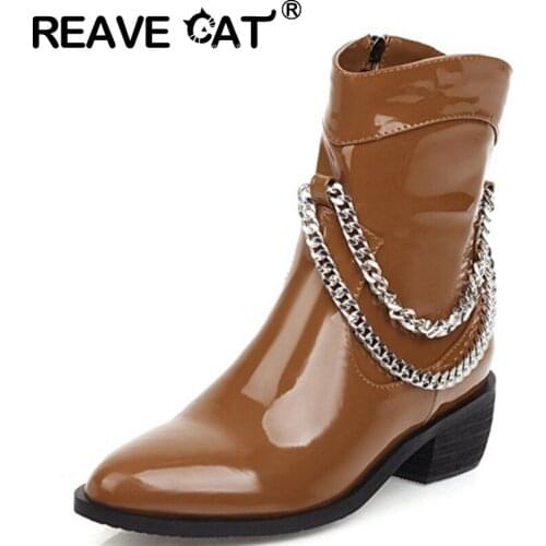 REAVE CAT 2021 Spring Autumn Ladies Ankle Boots Punk Chains Zip Short Plush 4.5CM Chunky Heel Size 33-46 Black Red Yellow A4436