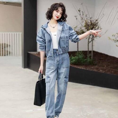 Cowboy Spring And Autumn Fashion Suit Womens Hooded Zipper Short Top + Elastic Waist Jeans Casual Workwear Two-piece Set Female
