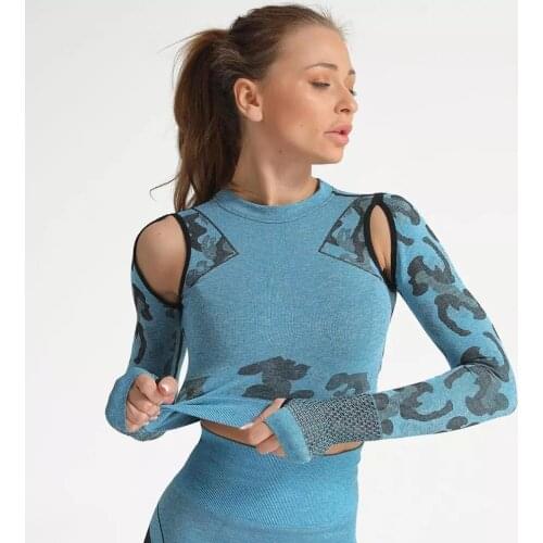 Women Sports 2Pieces Fashion Fitness Suit Long Sleeve Leopard Knitted Sexy Elastic Breathable Mesh T-Shirt Gym Shirt Running Top