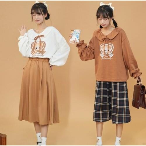 Original Design Dot Bear Womens Girls Loose Sweatshirt Long Sleeve Peter Pan Collar Pullovers Hoodies Cute White & Brown