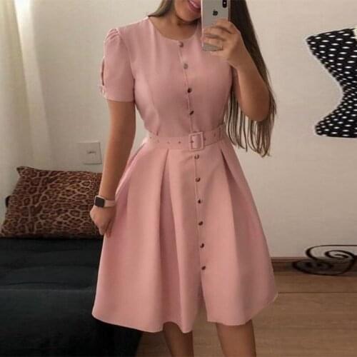 Summer Dress Womens A-Line Single-Breasted Dresses With Belt O-Neck Short Sleeve Slim Midi Dress For Women Vestidos Femme Robes