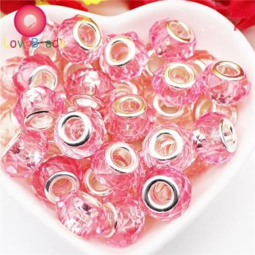10Pcs Pink Color Faceted Glass Beads with Silver Plated Core Large Hole Fit Pandora Bracelet Bangle Necklace Jewelry Making Bead