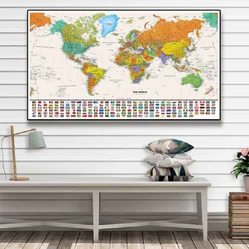 150x100cm The World Map with National Flags Vintage Canvas Painting Wall Art Poster Non-woven Fabric School Supplies Home Decor