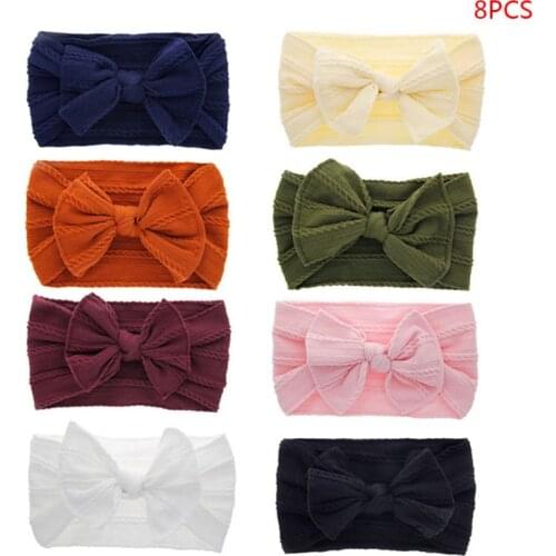8Pcs/Set Baby Girls Lovely Bow Hairband Hemp Pattern Elastic Wide Knot Headband