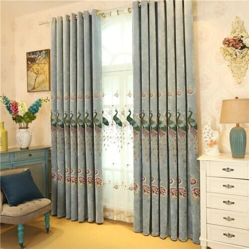 European and American luxury peacock embroidery living room blackout curtains high quality blue elegant curtains for bedroom