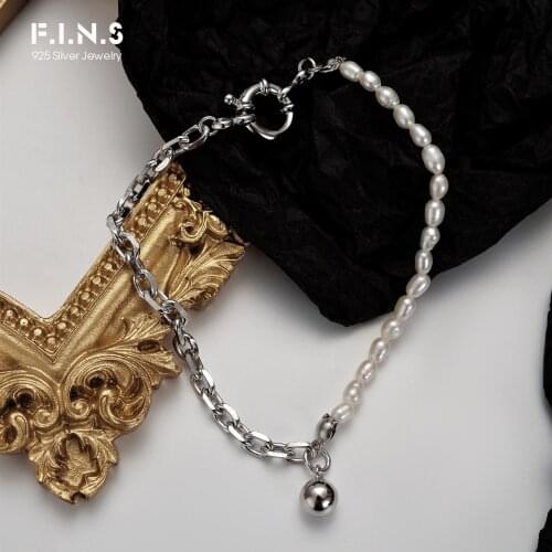 F.I.N.S Trendy Hand-Made S925 Sterling Silver Rice Bead Freshwater Pearl Bracelet Silver 925 Bead Ball Chain Link Charm Bracelet