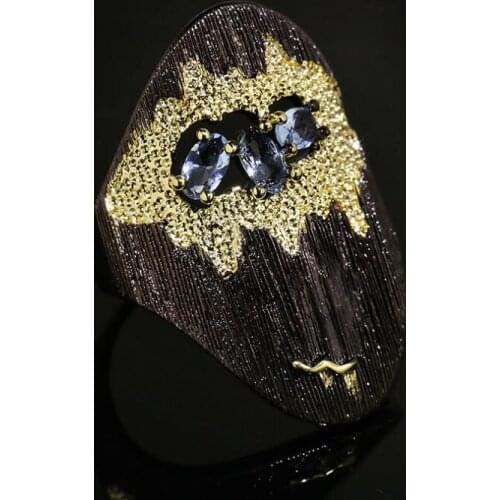 Hainon Modern Design Exaggerated Black Gold Color Rings for Women Micro Blue Zircon Unique Landscape Painting Rings Jewelry