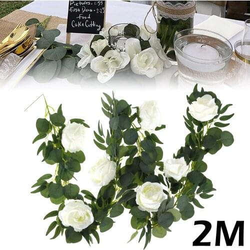 2M Artificial Rose Hanging Vine Floral Flowers Garland Fake Eucalyptus Garland with Willow Vines Twigs Leaves Wedding Decor