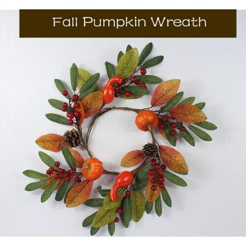 Artificial Fall Wreath Harvest Garden Ring Autumn Maple LeavesFront Door Thanksgiving Wreath with Pumpkins for Home Farmhouse